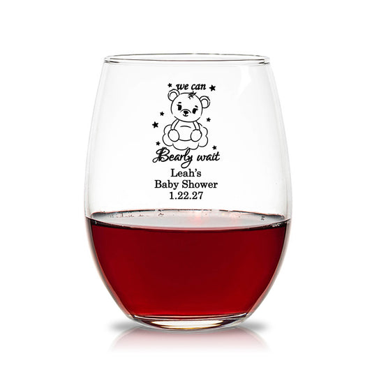We Can Bearly Wait Leah's Baby Shower 15 oz. Stemless Wine Glasses (Set of 24)