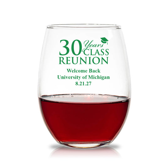 30 Years Class Reunion Personalized 15 oz. Stemless Wine Glasses (Set of 24)