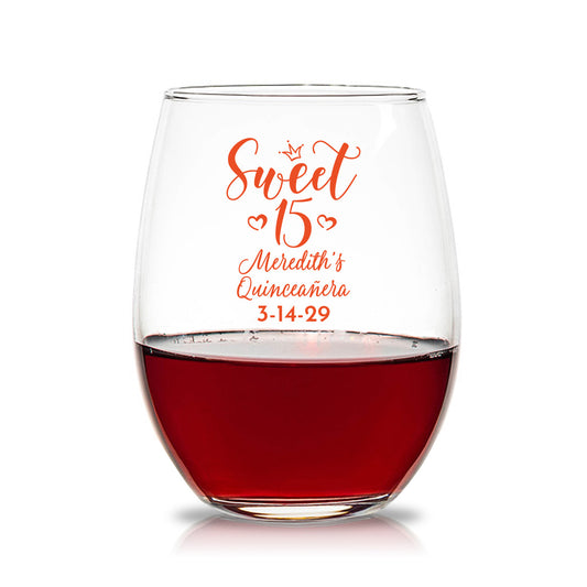 Sweet 15 Personalized 15 oz. Stemless Wine Glasses (Set of 24)