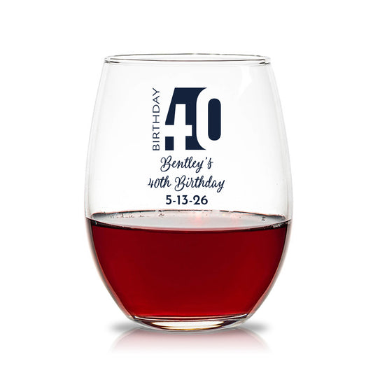40th Birthday Personalized 15 oz. Stemless Wine Glasses (Set of 24)