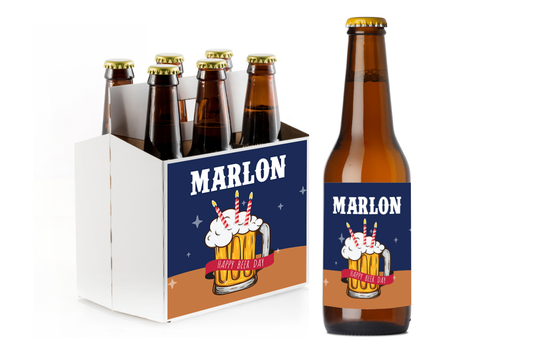 Happy Beer Day! Birthday Custom Personalized Beer Label & Beer Carrier (set of 6)