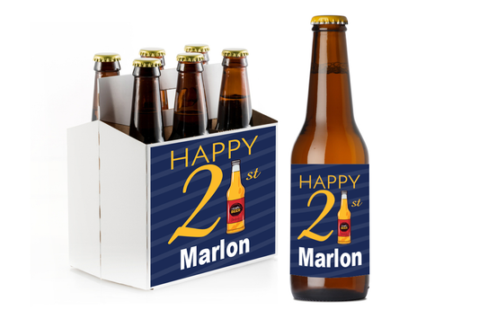 Happy 21 Birthday Custom Personalized Beer Label & Beer Carrier (set of 6)