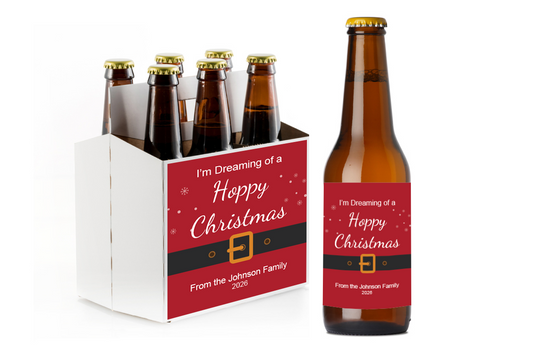 Happy Christmas Custom Personalized Beer Label & Beer Carrier (set of 6)