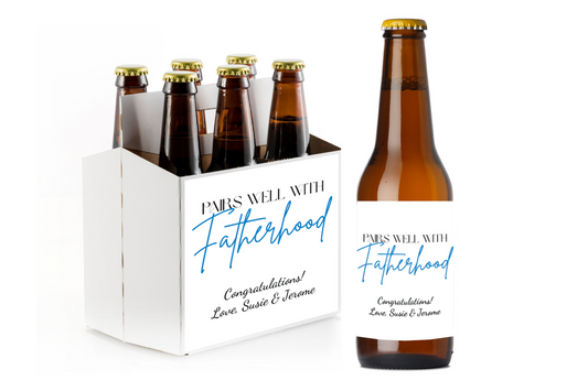Pairs Well With Fatherhood Custom Personalized Beer Label & Beer Carrier (set of 6)