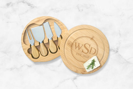 Initials Engraved Personalized Wooden Cheese Board Set