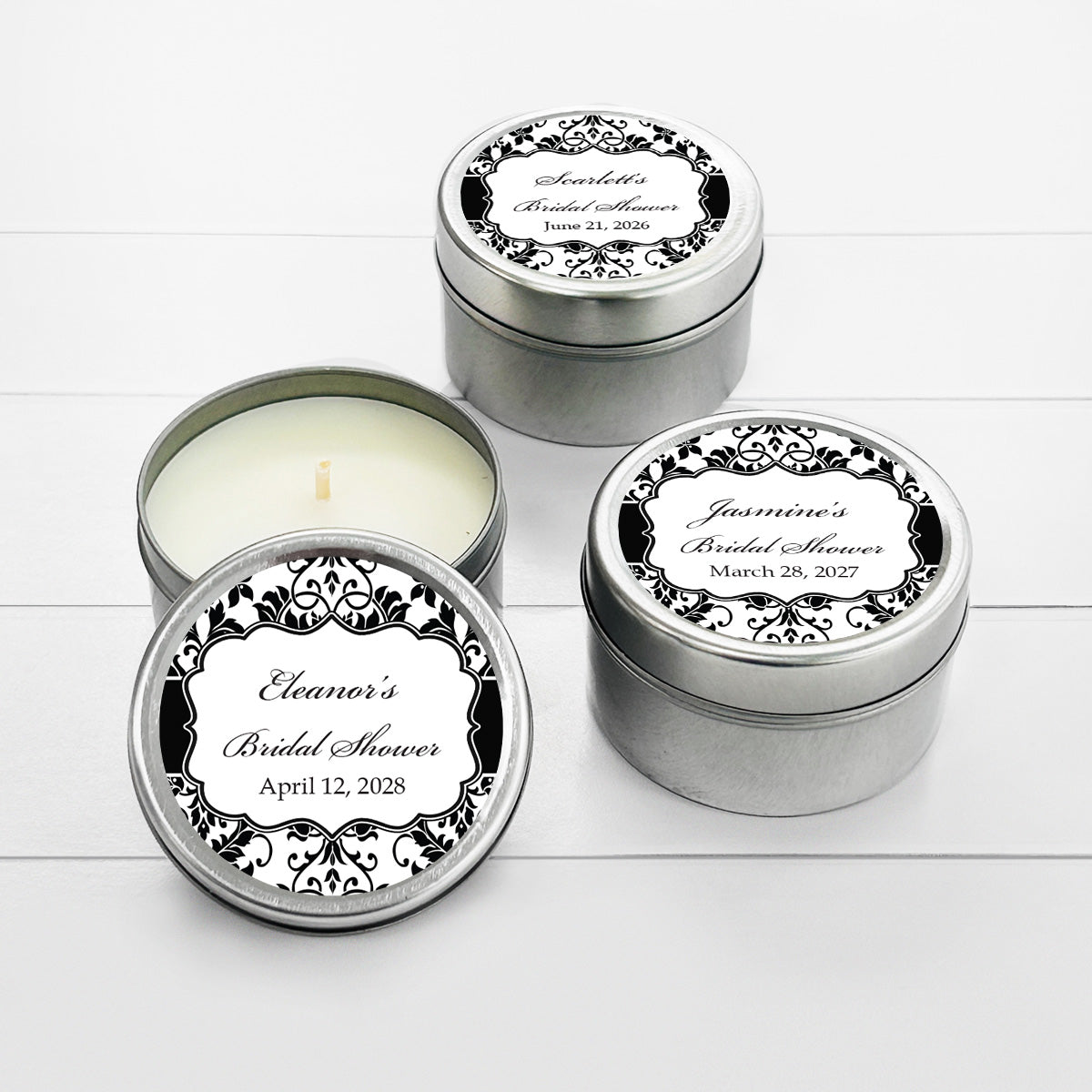 Bridal Shower Personalized Round Travel Candle Tins (set of 12)