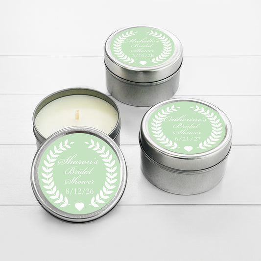 Wreath & Heart Bridal Shower Personalized Round Travel Candle Tins (set of 12)