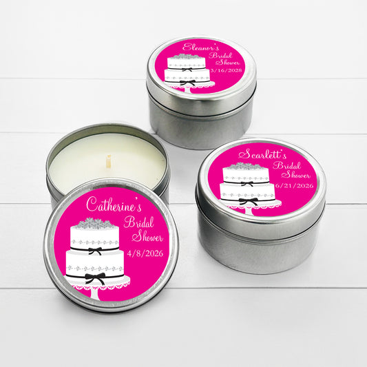 Wedding Cake Bridal Shower Personalized Round Travel Candle Tins (set of 12)