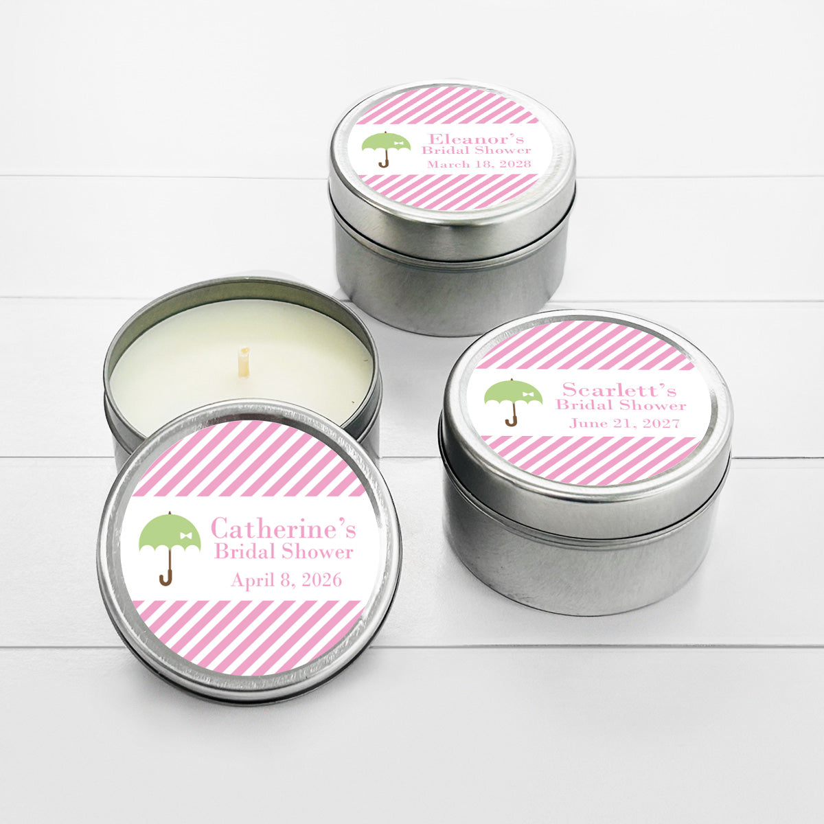 Umbrella Bridal Shower Personalized Round Travel Candle Tins (set of 12)