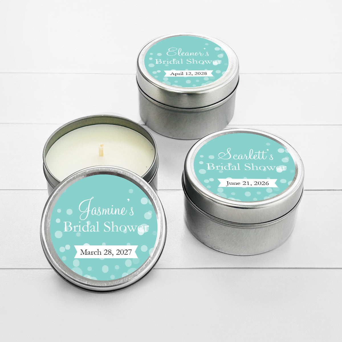 Bridal Shower Personalized Round Travel Candle Tins (set of 12)