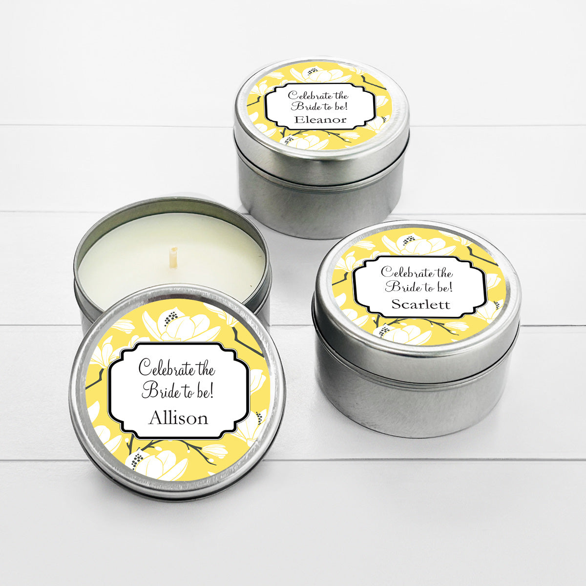 Flowers Bridal Shower Personalized Round Travel Candle Tins (set of 12)