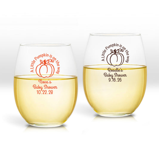 A Little Pumpkin Is On The Way Personalized 9 oz. Stemless Wine Glass (Set of 24)