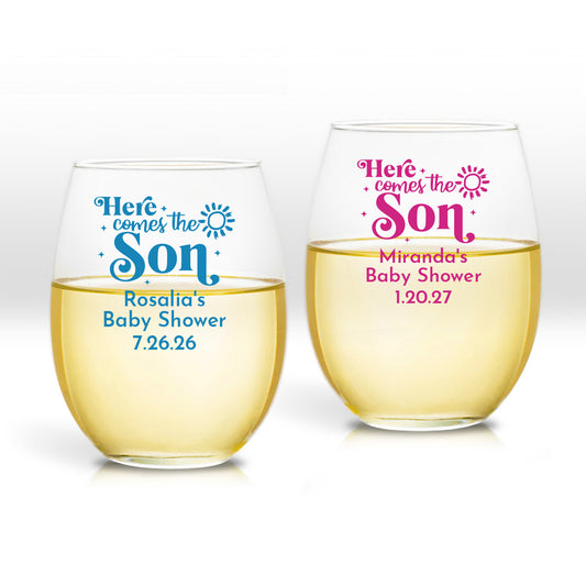 Here Comes The Son Personalized 9 oz. Stemless Wine Glass (Set of 24)