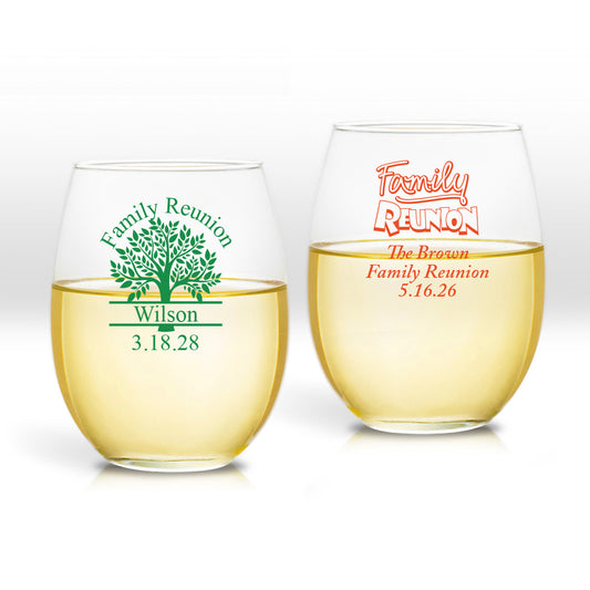 Family Reunion Personalized 9 oz. Stemless Wine Glass (Set of 24)