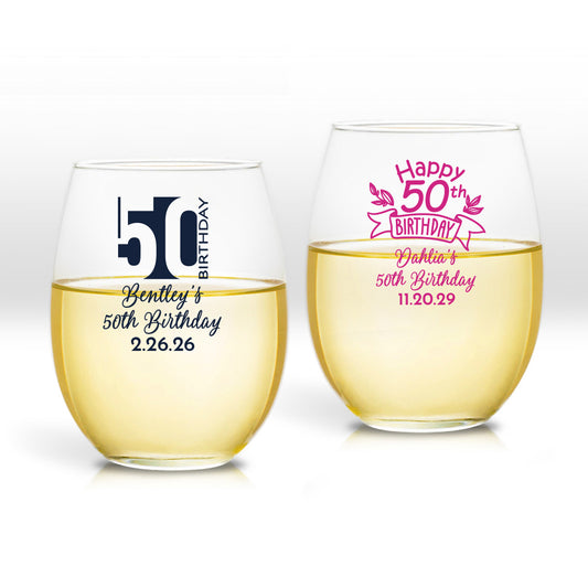 50th Birthday Personalized 9 oz. Stemless Wine Glass (Set of 24)