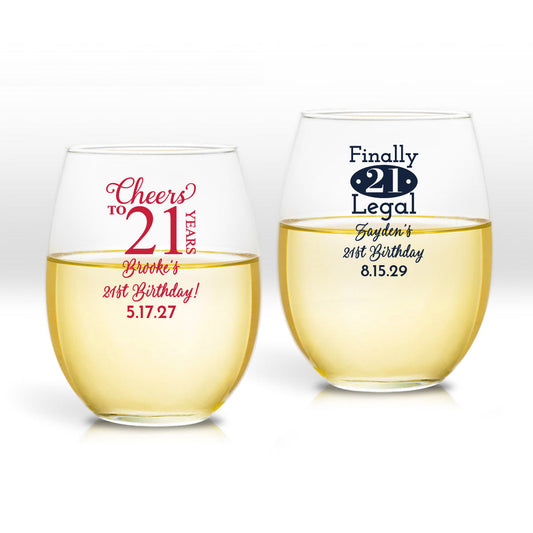 Cheers To 21 Years Personalized 9 oz. Stemless Wine Glass (Set of 24)