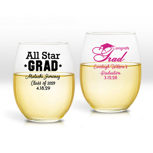 All Star Grad Personalized 9 oz. Stemless Wine Glass (Set of 24)