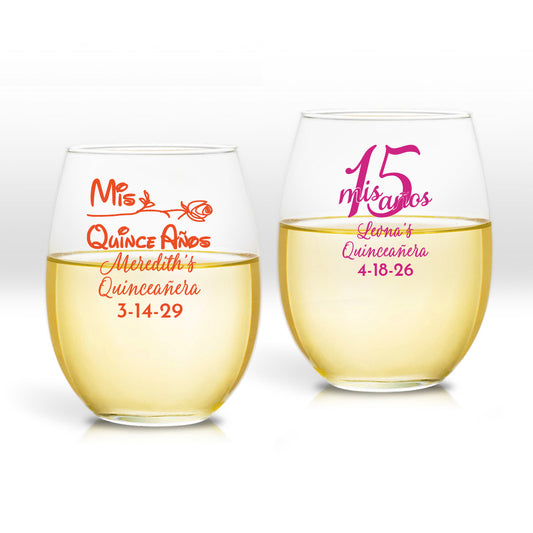 Quinceañera Personalized 9 oz. Stemless Wine Glass (Set of 24)