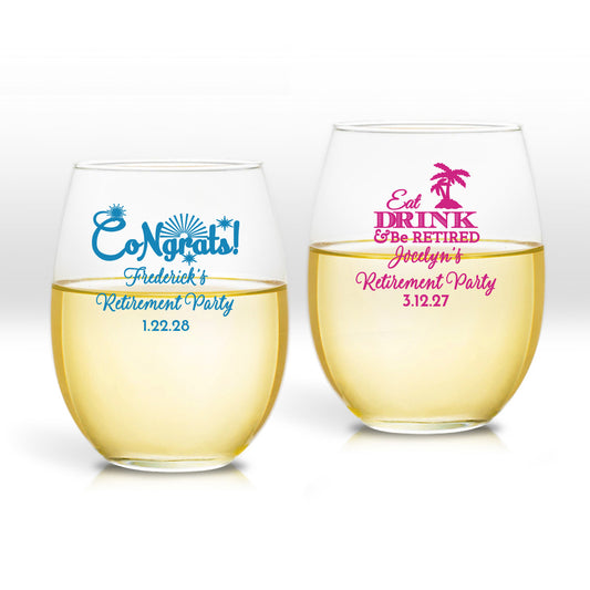 Eat Drink & Be Retired Personalized 9 oz. Stemless Wine Glass (Set of 24)