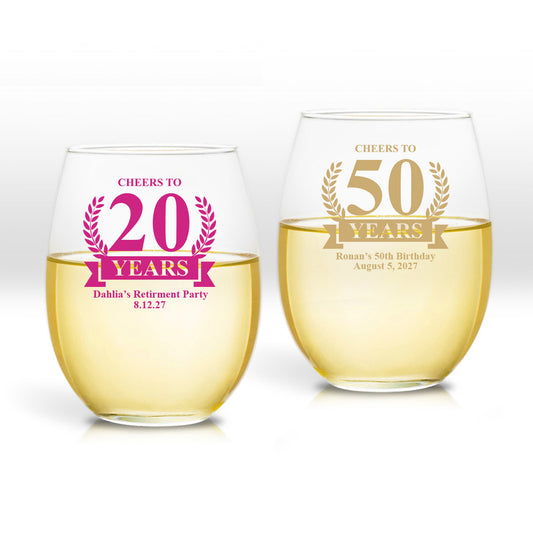 Cheers To 50 Years Personalized 9 oz. Stemless Wine Glass (Set of 24)