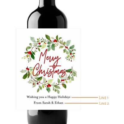 Merry Christmas Wreath Custom Personalized Wine Champagne Labels (set of 3)