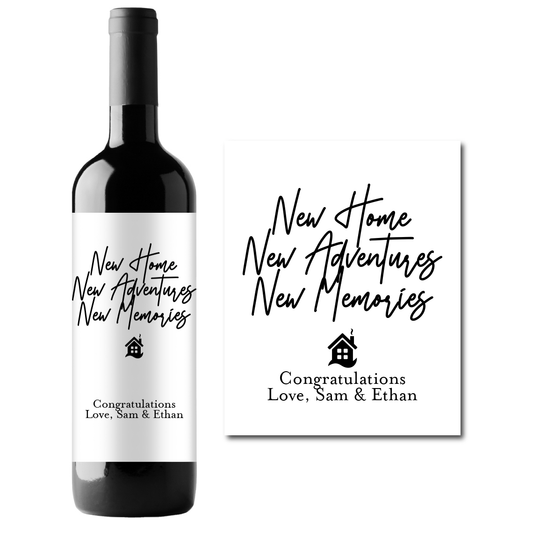 New Home, New Adventures, New Memories Custom Personalized Wine Champagne Labels (set of 3)