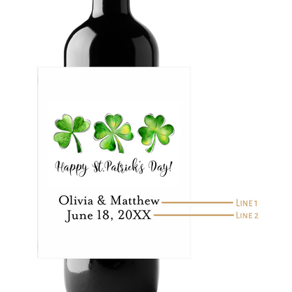 Happy St. Patrick's Day Shamrocks Custom Personalized Wine Champagne Labels (set of 3)