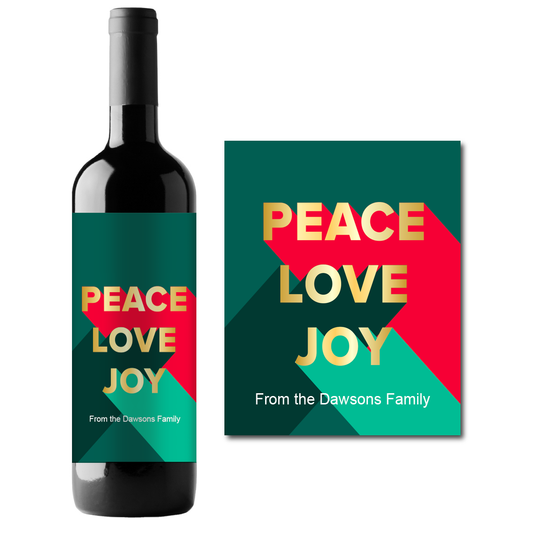 Peace Love and Joy Holidays Custom Personalized Wine Champagne Labels (set of 3)