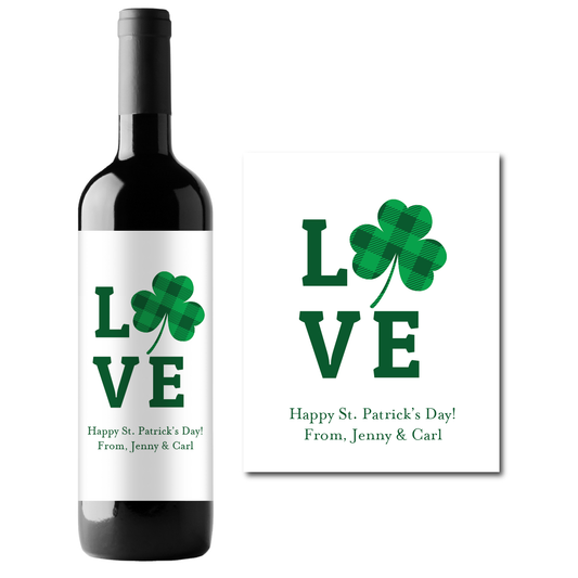 Love Shamrock St. Patrick's Day Custom Personalized Wine Champagne Labels (set of 3)