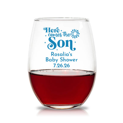 Here Comes The Son Personalized 15 oz. Stemless Wine Glasses (Set of 24)