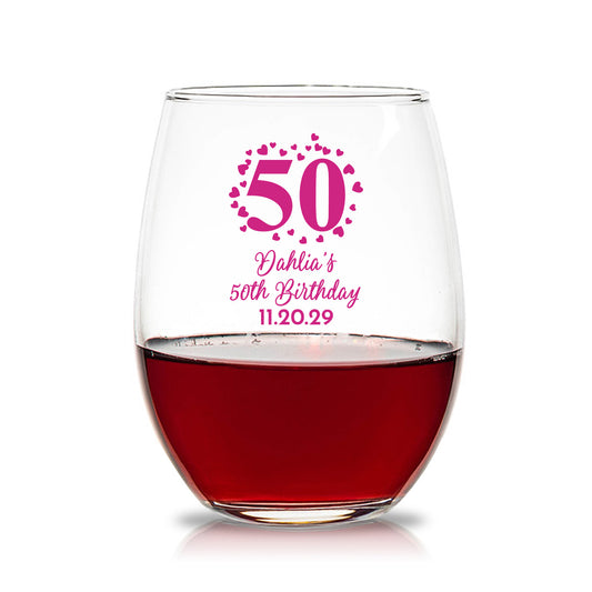 50th Birthday Personalized 15 oz. Stemless Wine Glasses (Set of 24)