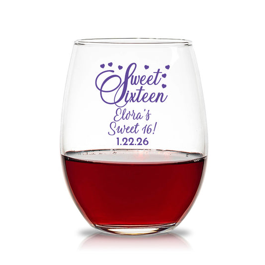 Sweet Sixteen Personalized 15 oz. Stemless Wine Glasses (Set of 24)