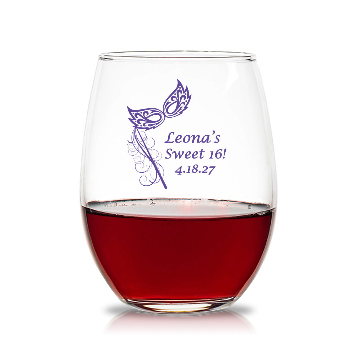 Masquerade Mask Personalized 15 oz. Stemless Wine Glasses (Set of 24)