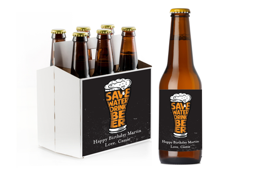 Save Water, Drink Beer Birthday Custom Personalized Beer Label & Beer Carrier (set of 6)