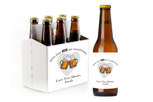Will You Beer My Valentine? Custom Personalized Beer Label & Beer Carrier (set of 6)