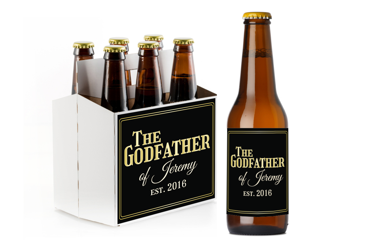 The Godfather Baby Shower Custom Personalized Beer Label & Beer Carrier (set of 6)