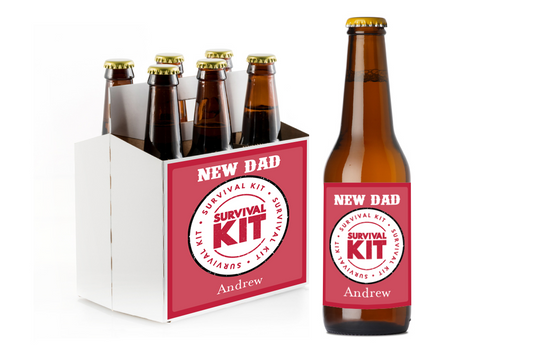 New Dad Survival Kit Custom Personalized Beer Label & Beer Carrier (set of 6)