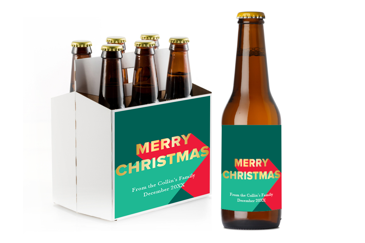 Merry Christmas Custom Personalized Beer Label & Beer Carrier (set of 6)