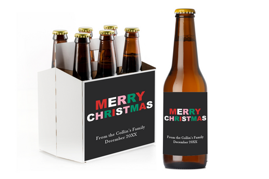 Merry Christmas Custom Personalized Beer Label & Beer Carrier (set of 6)