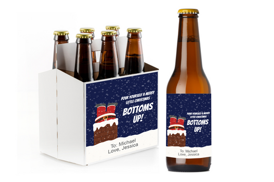Santa Bottoms Up! Custom Personalized Beer Label & Beer Carrier (set of 6)