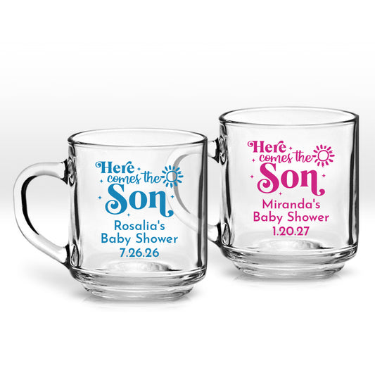 Here Comes The Son Rosalia's Baby Shower Personalized Clear Coffee Mug (Set of 24)