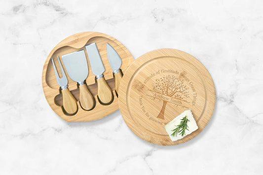 An Attitude of Gratitude Brings Great Things Engraved Personalized Wooden Cheese Board Set