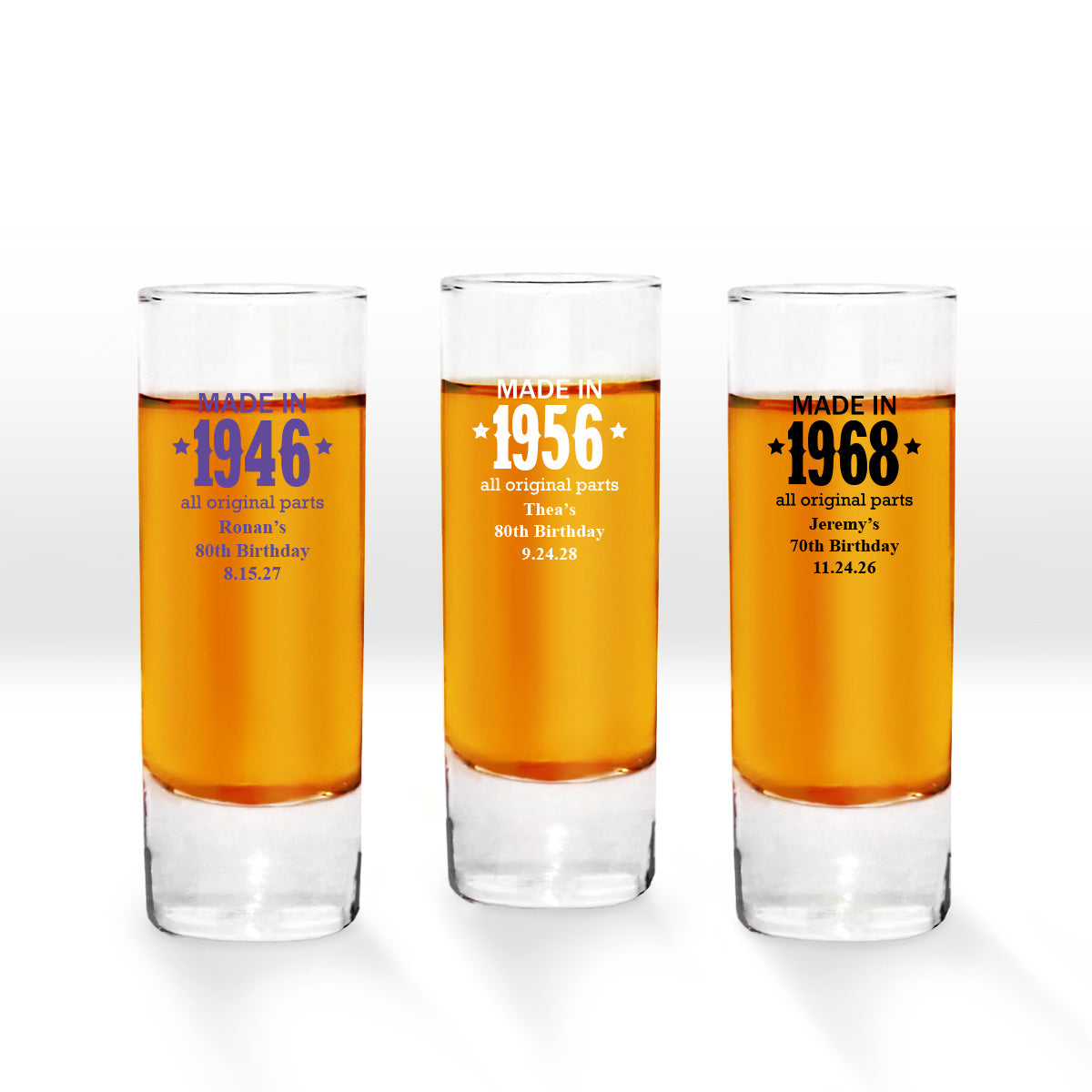 Made In # Year All Original Parts Personalized Tall Shot Glass (Set of 24)