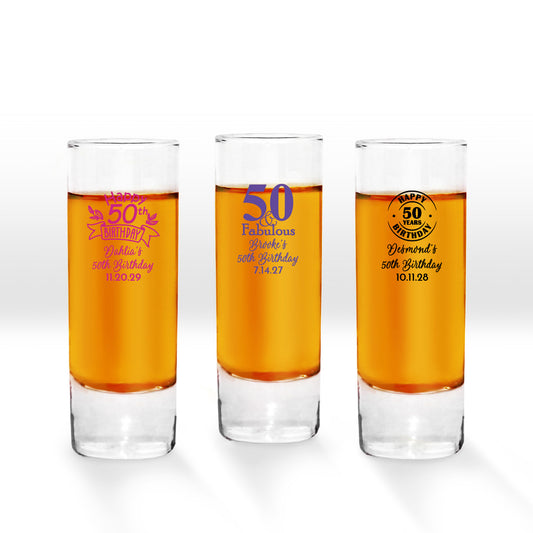 Happy 50th Birthday Personalized Tall Shot Glass (Set of 24)