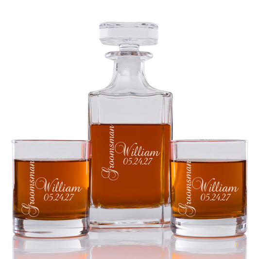 Groomsman Personalized Engraved Whiskey Decanter Set - 3 pcs