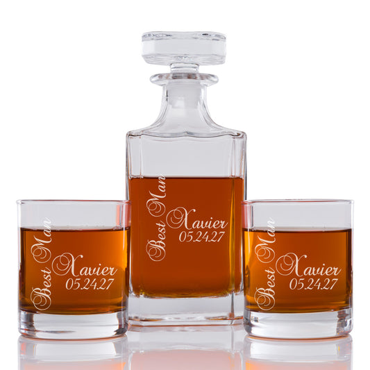 Best Man Personalized Engraved Whiskey Decanter Set - 3 pcs