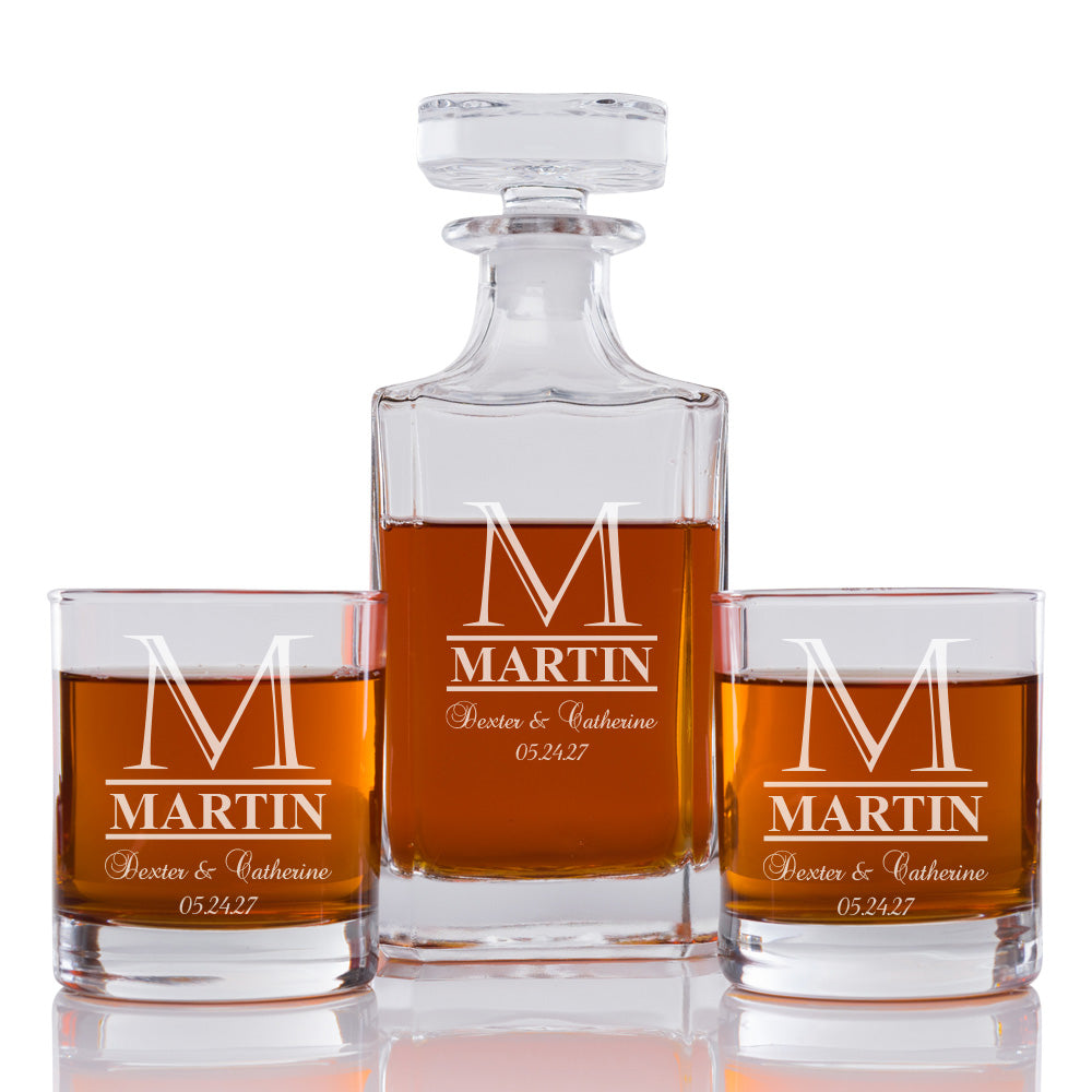 Monogram Personalized Engraved Whiskey Decanter Set - 3 pcs