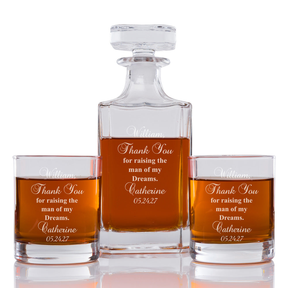 Thank You For Raising The Man Of My Dreams Personalized Engraved Whiskey Decanter Set - 3pcs