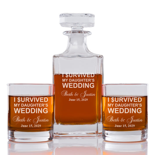 I Survived My Daughter's Wedding Personalized Engraved Whiskey Decanter Set - 3 pcs