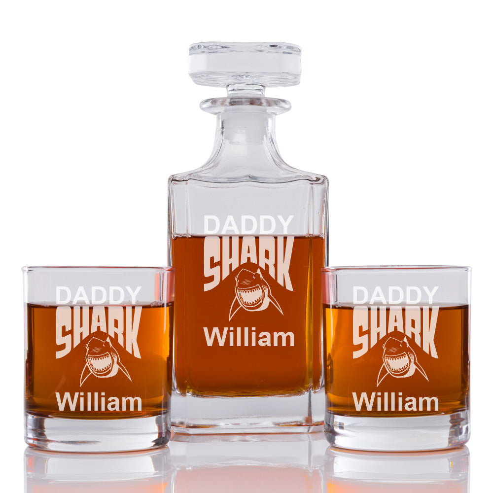 Daddy Shark Personalized Engraved Whiskey Decanter Set - 3 pcs